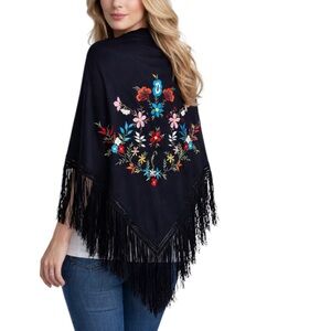 Embroidered Fringe triangle Wrap Scarf Pareo Black with Multi Colors